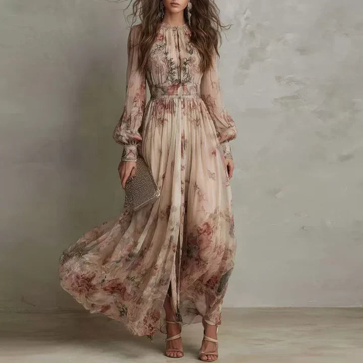Amelia | Abito Lungo Floreale a Vita Alta Vintage