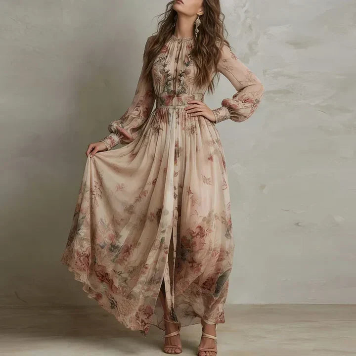 Amelia | Abito Lungo Floreale a Vita Alta Vintage