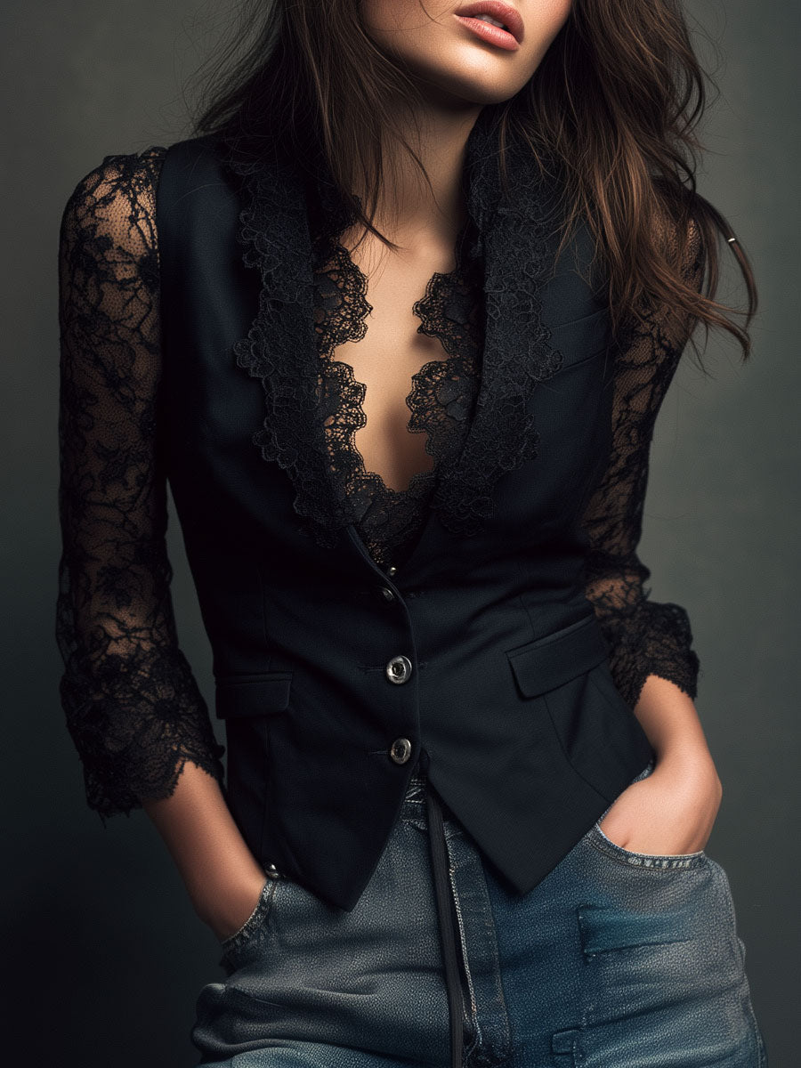 Noemi | Top Blazer Nero con Maniche Semitrasparenti