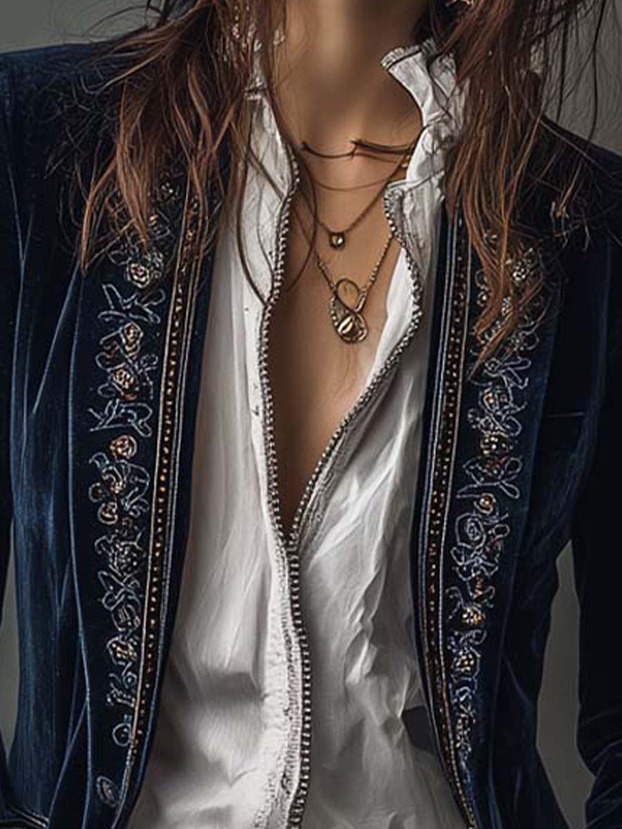 Atena | Giacca Lunga Ricamata Vintage Blu Navy