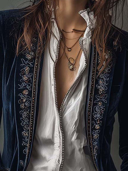 Atena | Giacca Lunga Ricamata Vintage Blu Navy