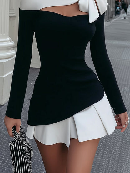 Faustina | Mini Abito Bianco e Nero con Spallina e Fiocco