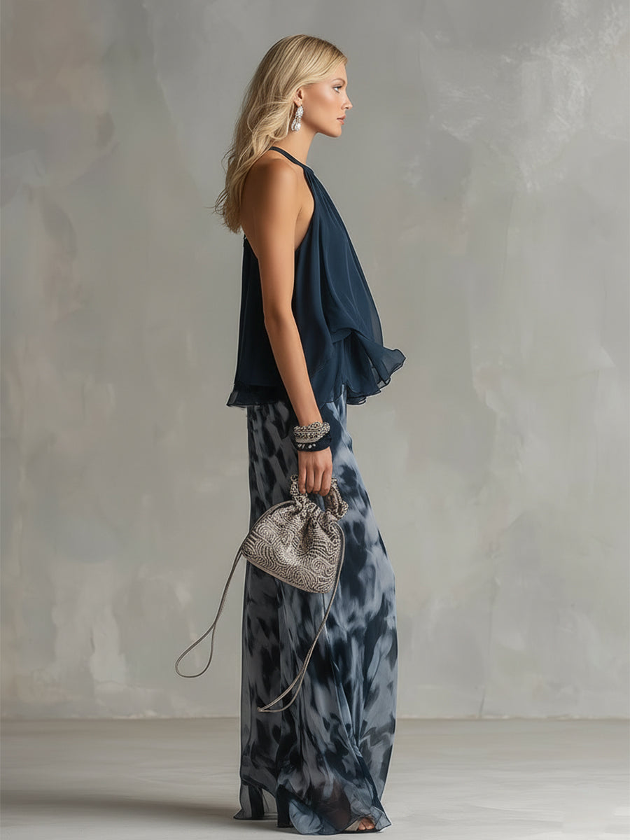 Chiara | Completo Elegante con Top Blu Navy a Schiena Scoperta e Pantaloni Ampi Stampati