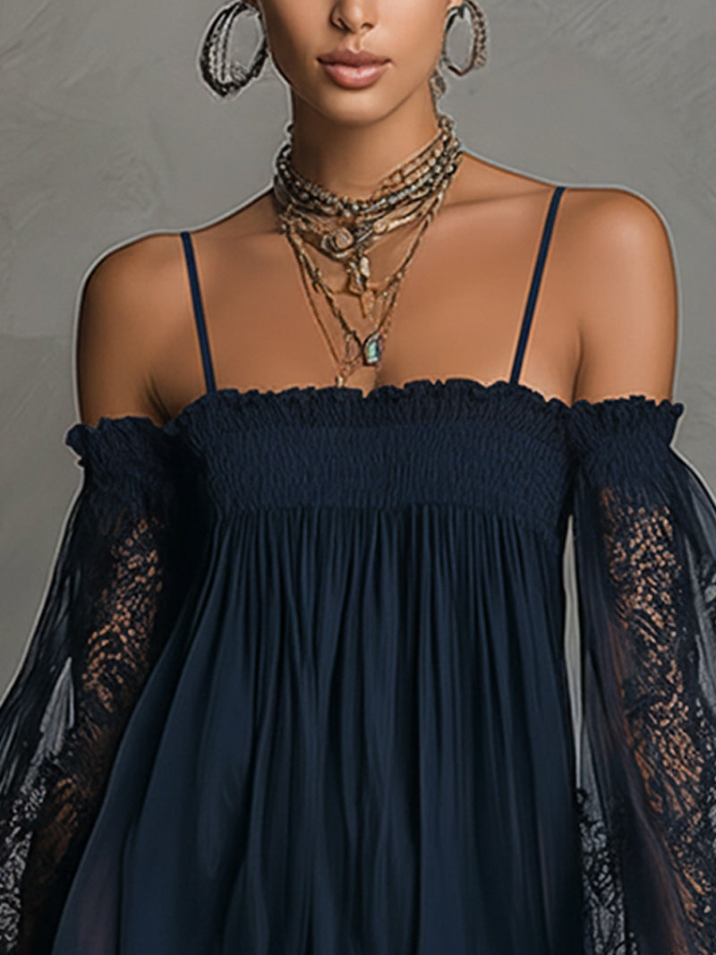 Noemi | Abito Corto in Chiffon Blu Navy con Spalle Scoperte e Finiture in Pizzo