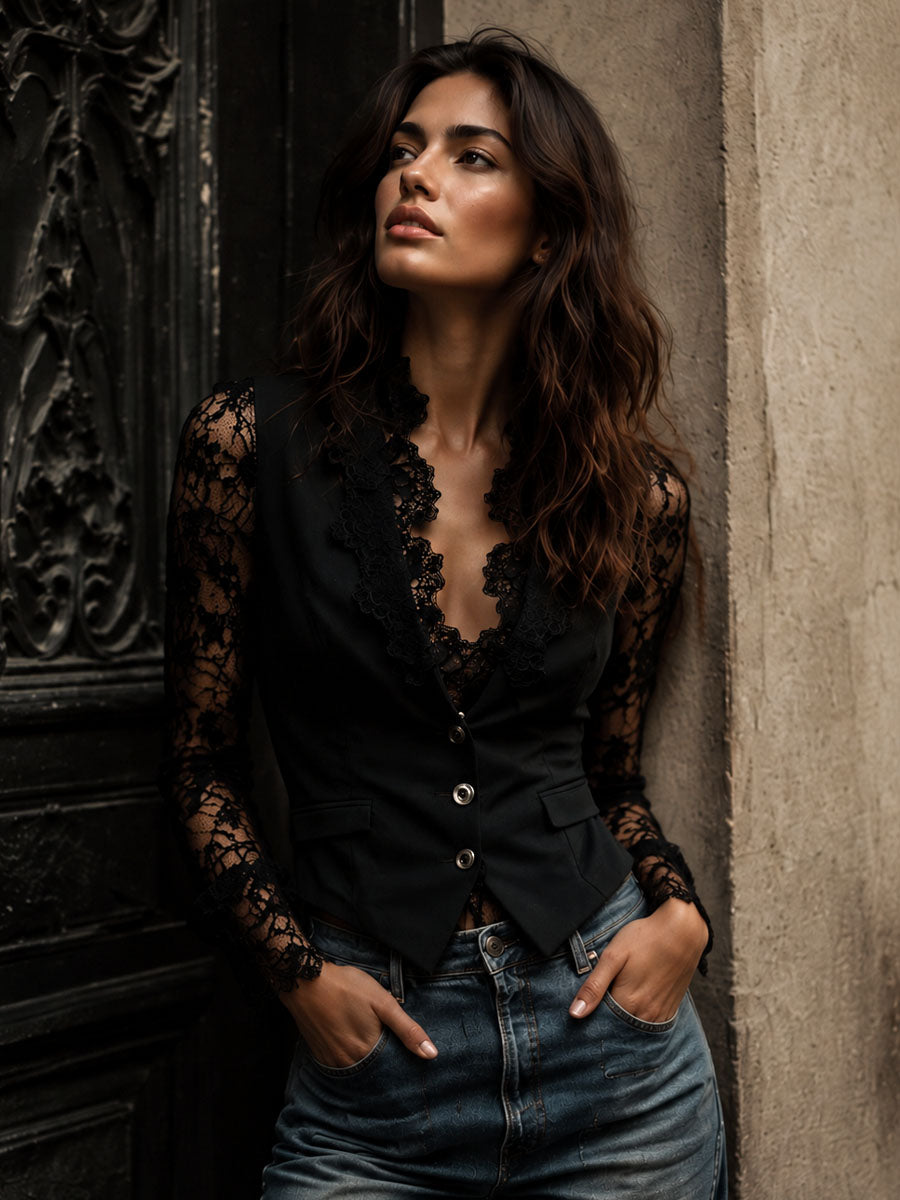 Noemi | Top Blazer Nero con Maniche Semitrasparenti