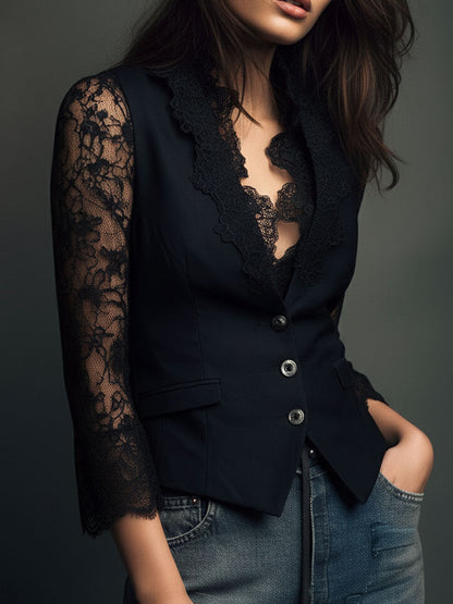 Noemi | Top Blazer Nero con Maniche Semitrasparenti
