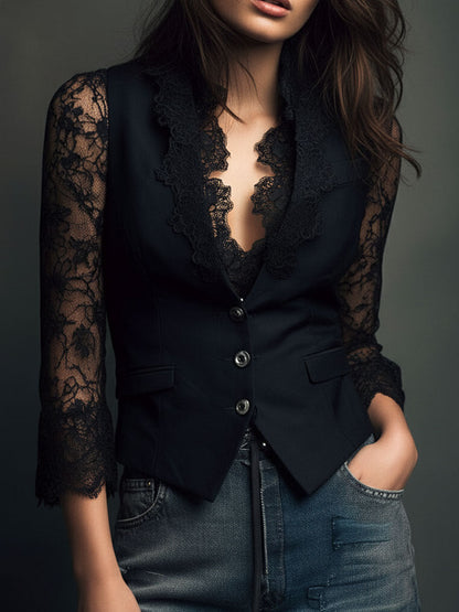 Noemi | Top Blazer Nero con Maniche Semitrasparenti