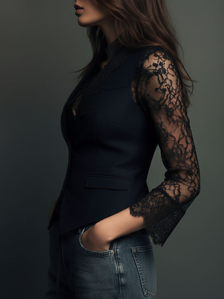 Noemi | Top Blazer Nero con Maniche Semitrasparenti