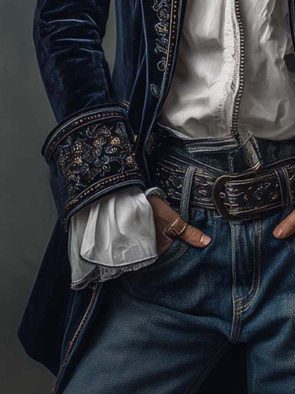 Atena | Giacca Lunga Ricamata Vintage Blu Navy