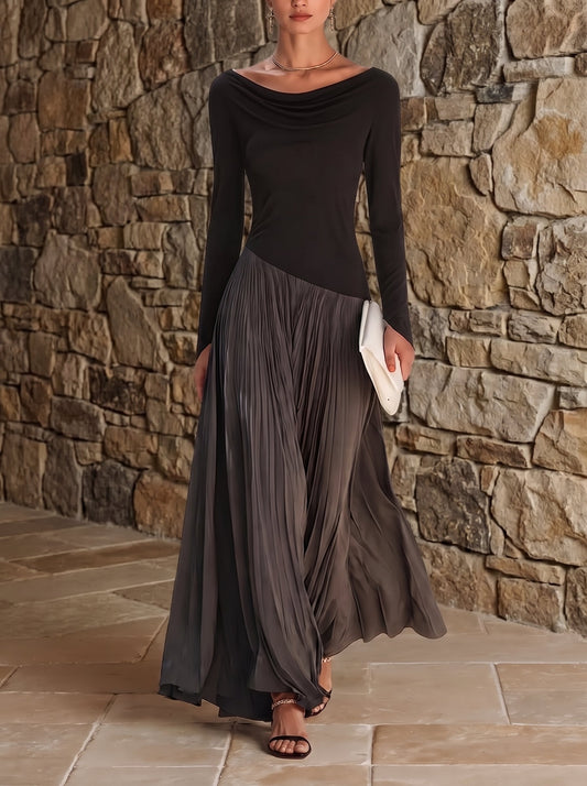 Marina | Abito Maxi Plissettato con Collo Drappeggiato Nero e Grigio