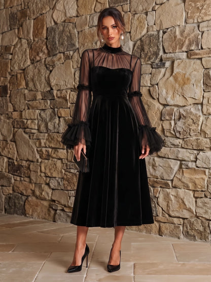 Ornella | Abito Midi in Velluto Nero con Tulle Trasparente