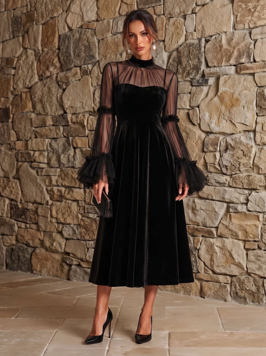 Ornella | Abito Midi in Velluto Nero con Tulle Trasparente
