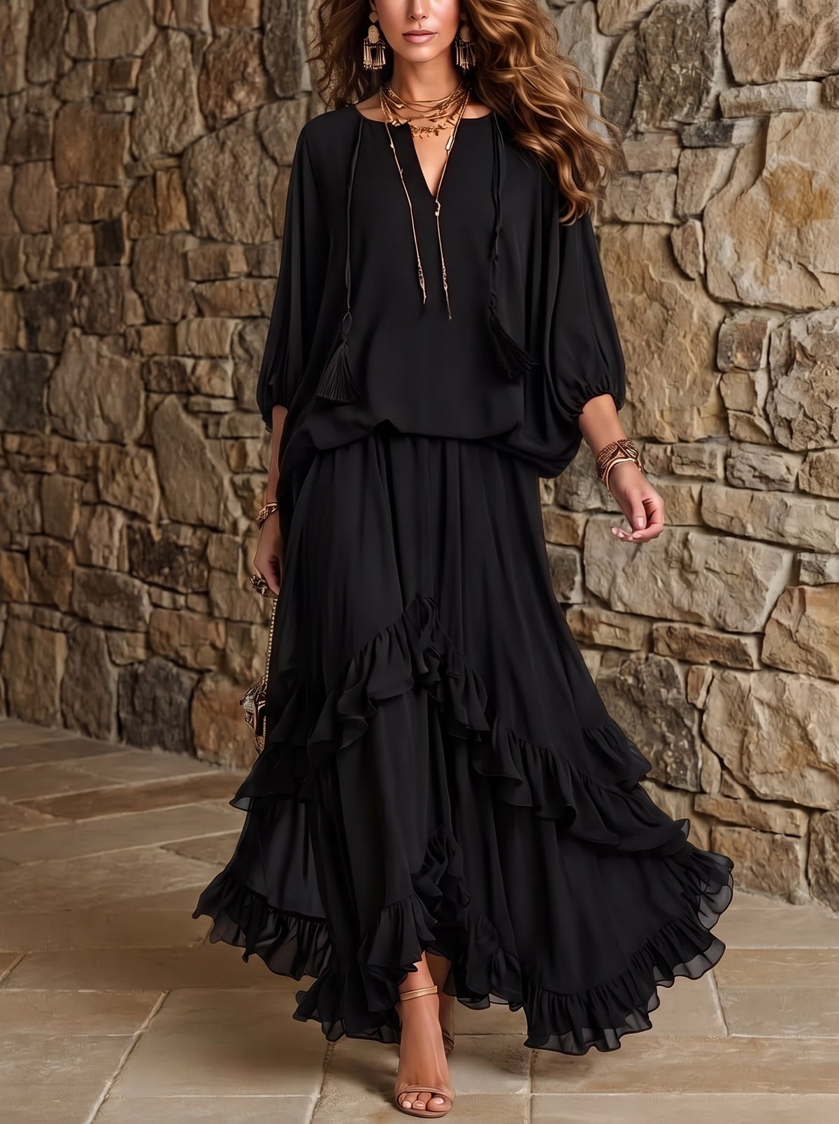 Annamaria | Completo con Top in Chiffon Nero e Gonna a Volant
