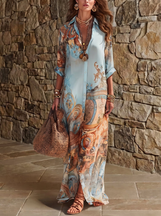 Ludovica | Abito Maxi con Stampa Floreale Blu