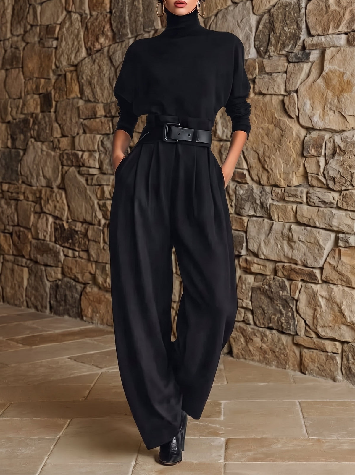Loredana | Completo Nero con Collo Alto e Pantalone Dritto