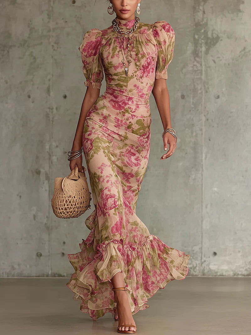 Fioretta | Abito Lungo Romantico con Stampa Rose Vintage e Maniche a Sbuffo