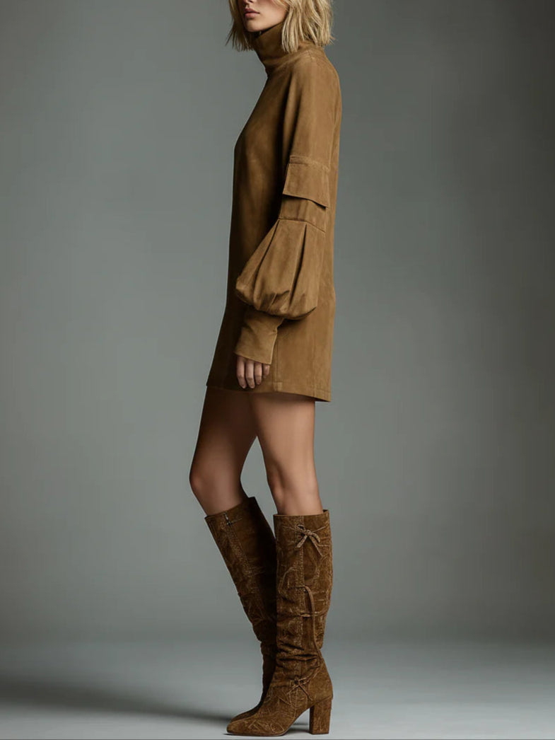 Bibiana | Mini Abito Oversize in Scamosciato Sintetico con Collo Alto