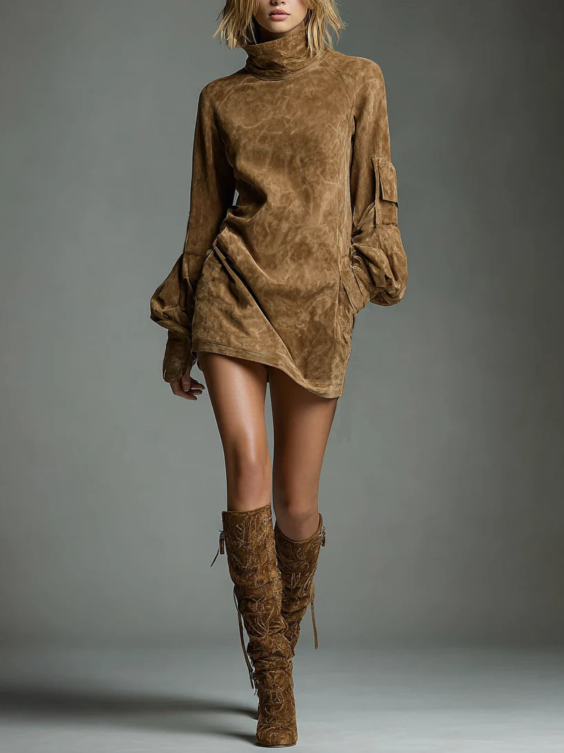 Bibiana | Mini Abito Oversize in Scamosciato Sintetico con Collo Alto