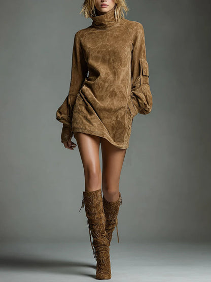 Bibiana | Mini Abito Oversize in Scamosciato Sintetico con Collo Alto