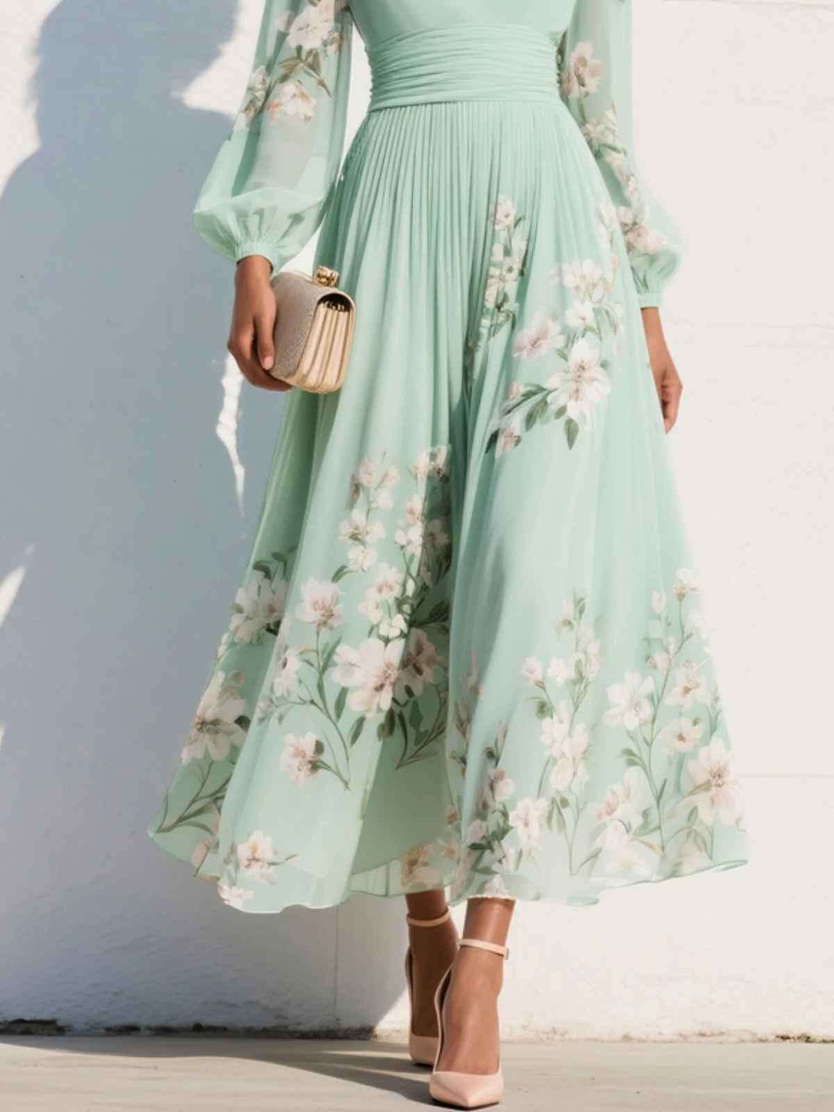 Susanna | Abito Lungo Plissettato in Chiffon Verde Menta con Stampa Floreale