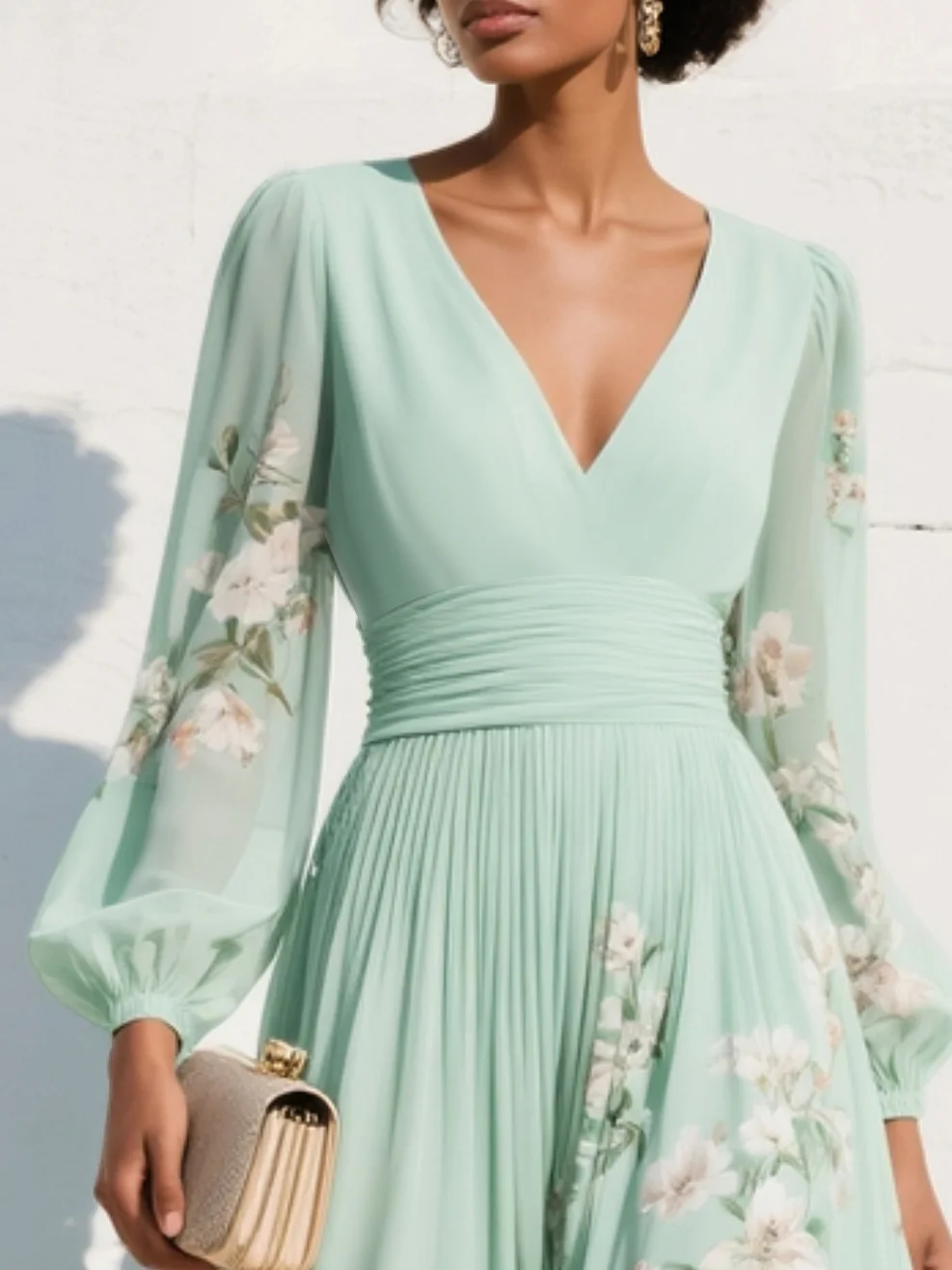 Susanna | Abito Lungo Plissettato in Chiffon Verde Menta con Stampa Floreale