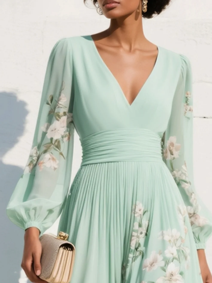 Susanna | Abito Lungo Plissettato in Chiffon Verde Menta con Stampa Floreale