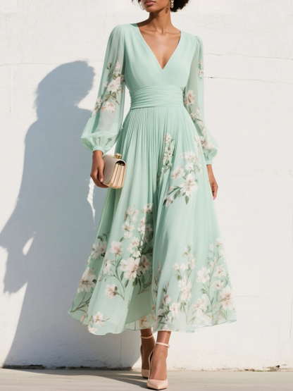 Susanna | Abito Lungo Plissettato in Chiffon Verde Menta con Stampa Floreale