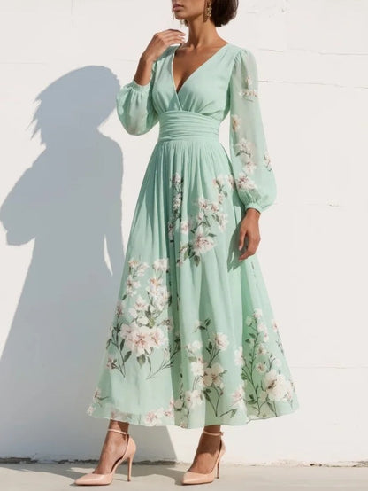 Susanna | Abito Lungo Plissettato in Chiffon Verde Menta con Stampa Floreale