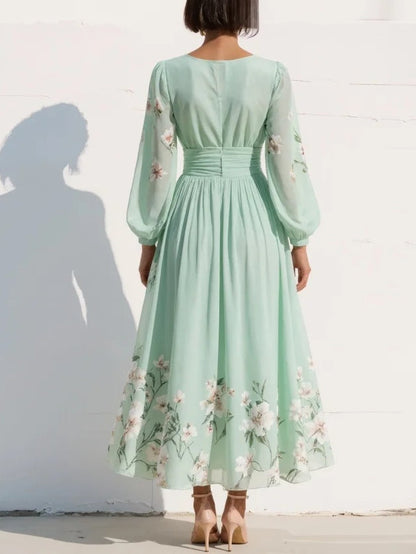 Susanna | Abito Lungo Plissettato in Chiffon Verde Menta con Stampa Floreale