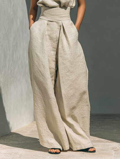 Aurora | Completo Due Pezzi Beige in Lino con Top Smanicato e Pantaloni Ampi