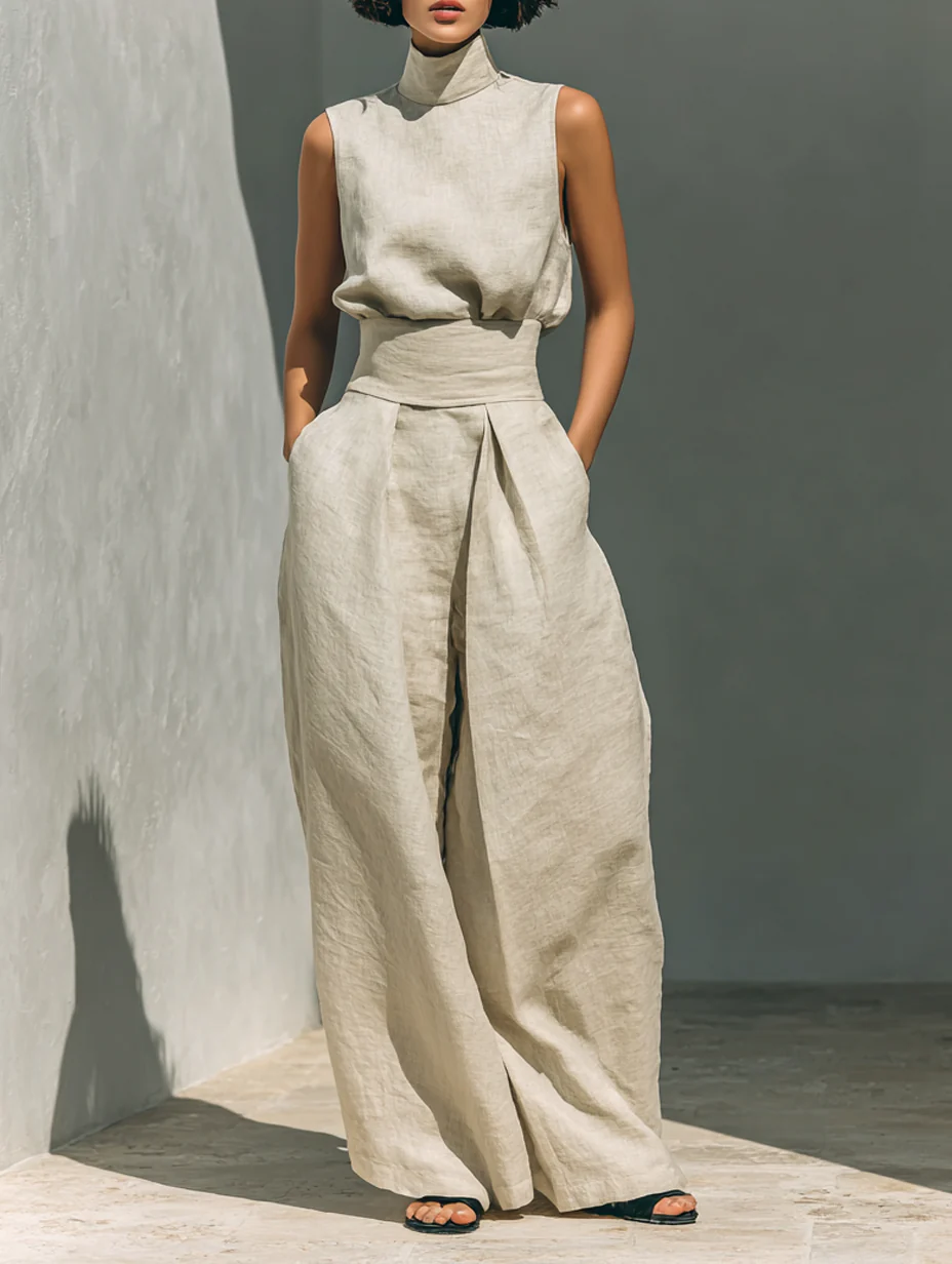 Aurora | Completo Due Pezzi Beige in Lino con Top Smanicato e Pantaloni Ampi