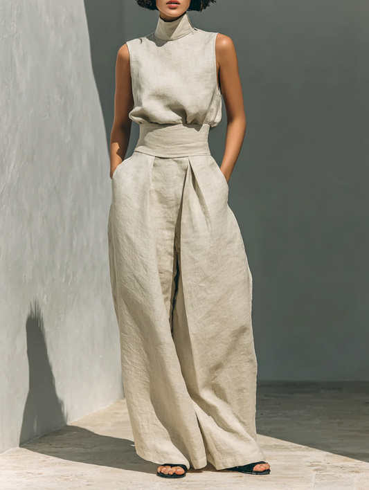 Aurora | Completo Due Pezzi Beige in Lino con Top Smanicato e Pantaloni Ampi