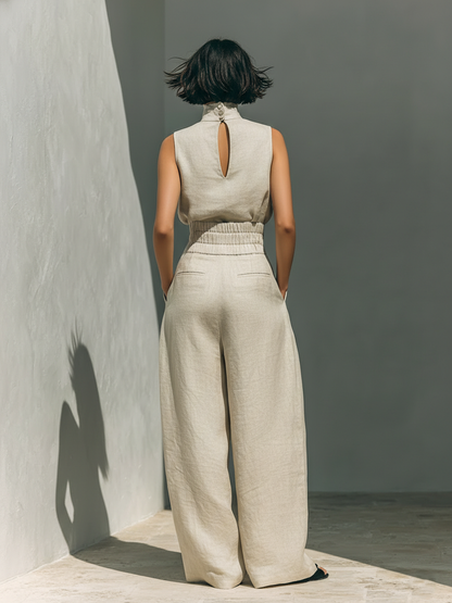 Aurora | Completo Due Pezzi Beige in Lino con Top Smanicato e Pantaloni Ampi