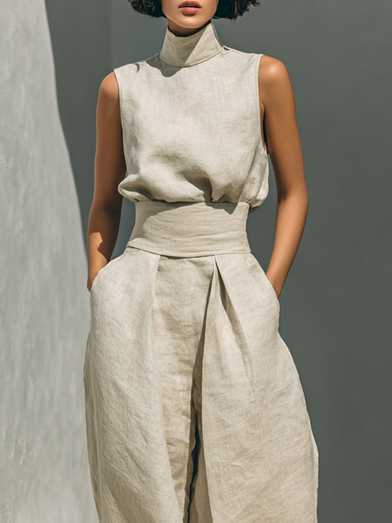 Aurora | Completo Due Pezzi Beige in Lino con Top Smanicato e Pantaloni Ampi