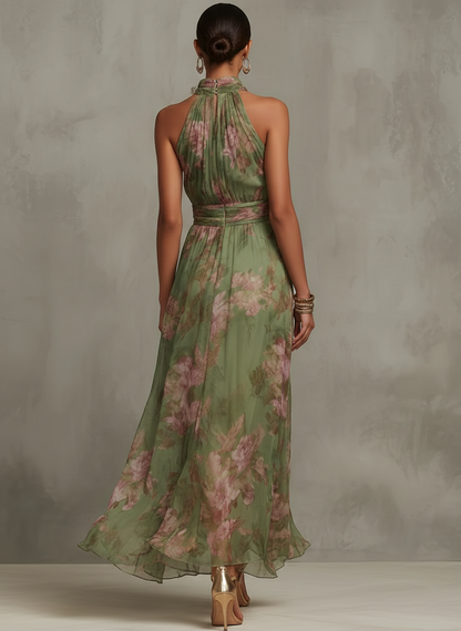Serena | Abito Lungo in Chiffon Floreale con Scollo all’Americana