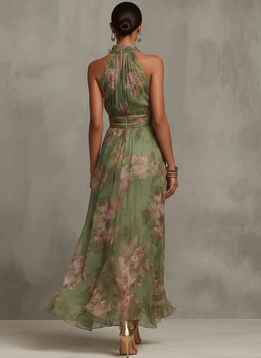Serena | Abito Lungo in Chiffon Floreale con Scollo all’Americana