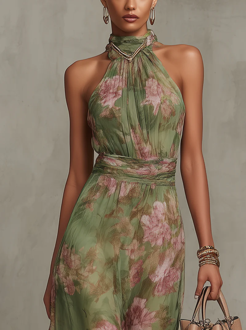 Serena | Abito Lungo in Chiffon Floreale con Scollo all’Americana