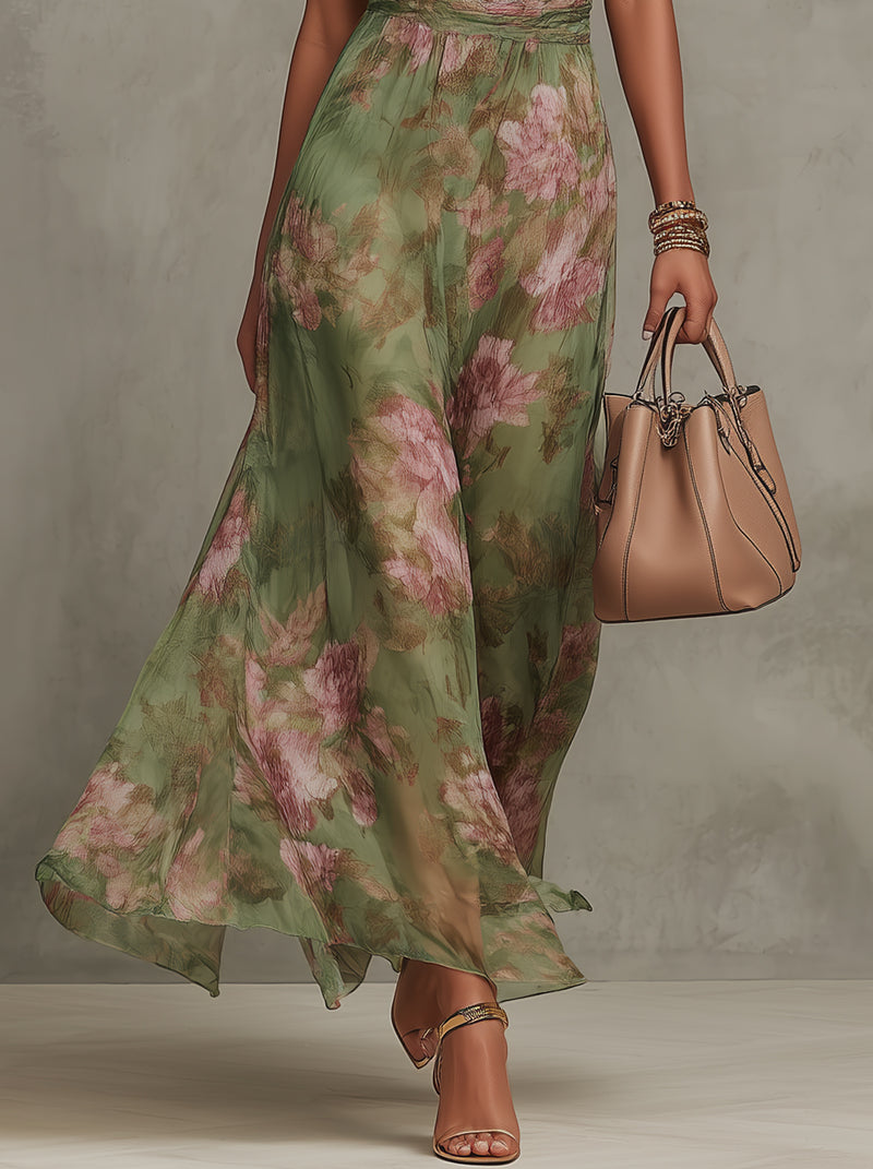 Serena | Abito Lungo in Chiffon Floreale con Scollo all’Americana