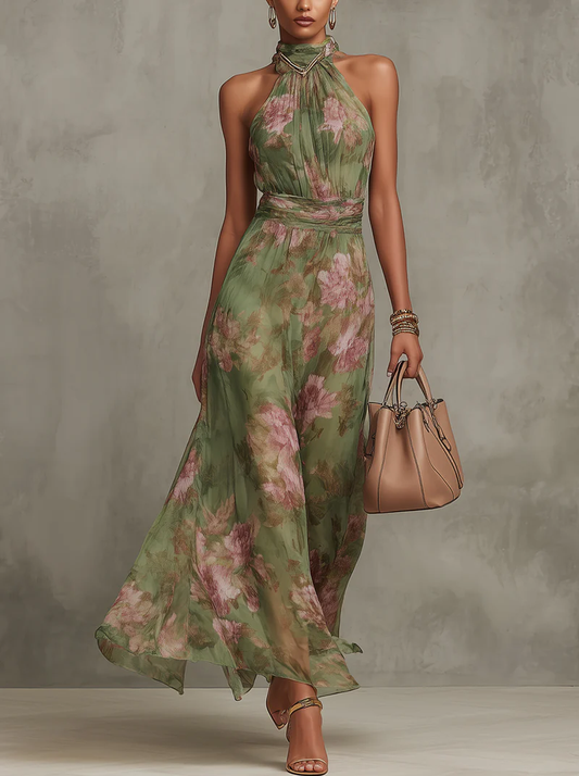 Serena | Abito Lungo in Chiffon Floreale con Scollo all’Americana