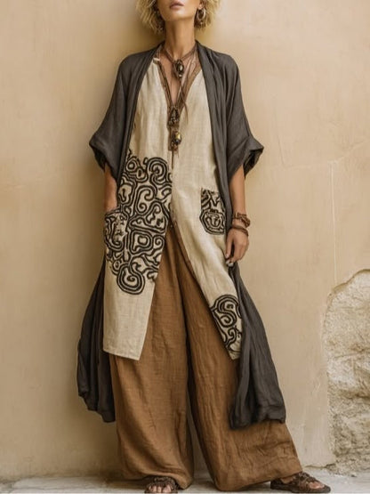 Giulietta | Completo Tre Pezzi Boho Grigio Scuro e Marrone con Motivo Tribale
