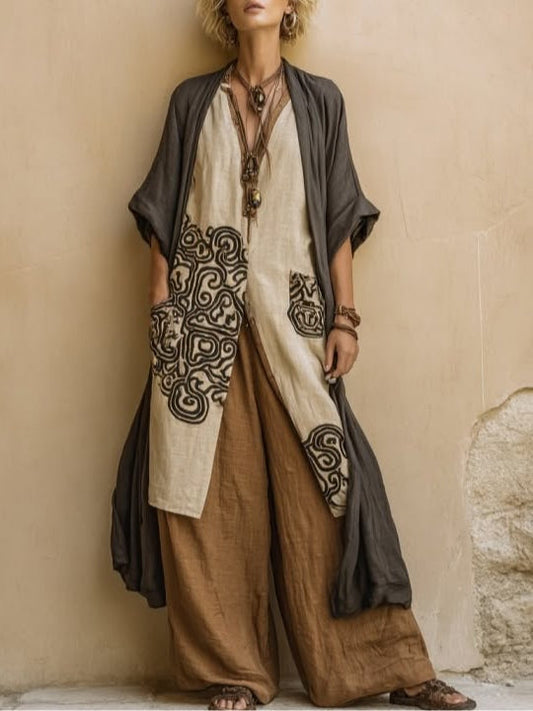 Giulietta | Completo Tre Pezzi Boho Grigio Scuro e Marrone con Motivo Tribale