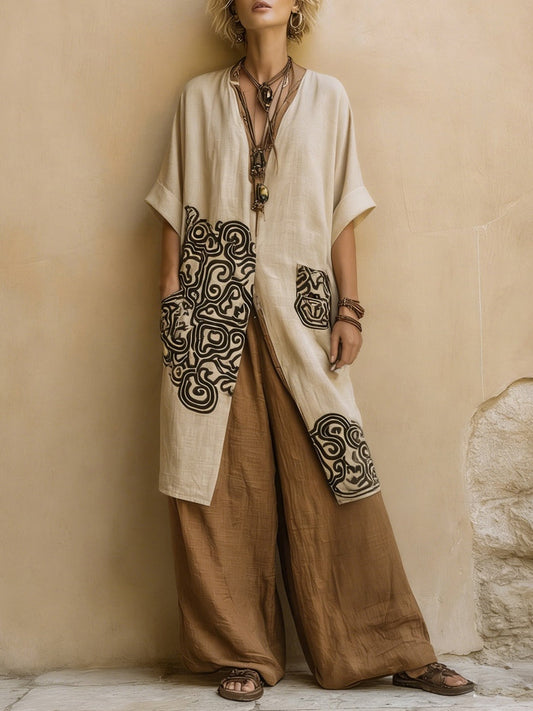 Giulietta | Completo Tre Pezzi Boho Grigio Scuro e Marrone con Motivo Tribale