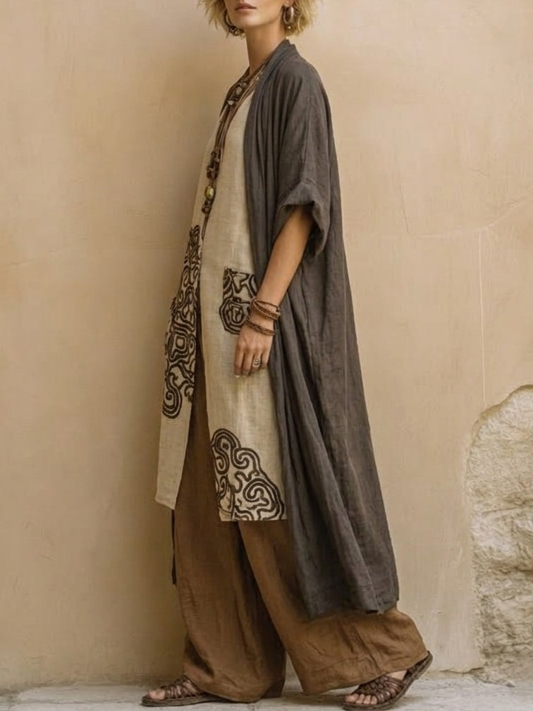 Giulietta | Completo Tre Pezzi Boho Grigio Scuro e Marrone con Motivo Tribale
