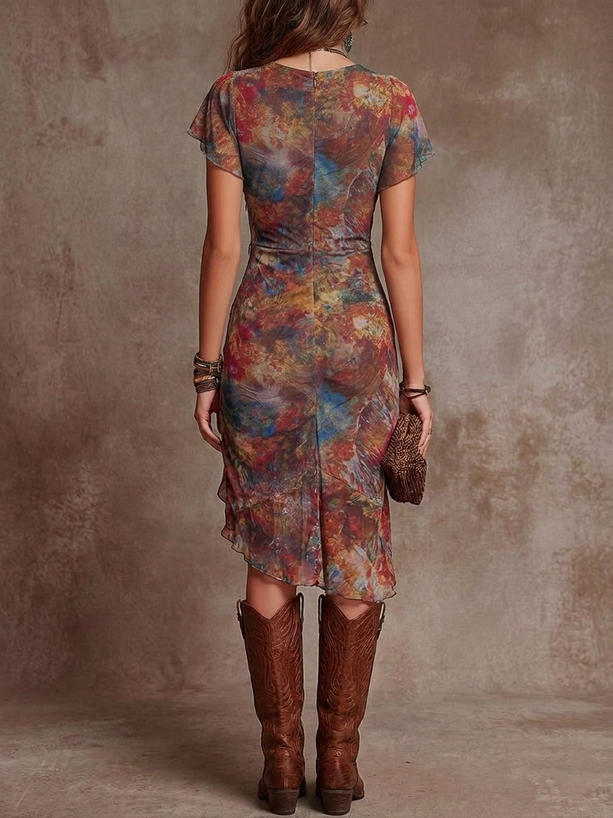Martina | Abito Midi Plissettato con Scollo a V e Stampa Astratta Boho