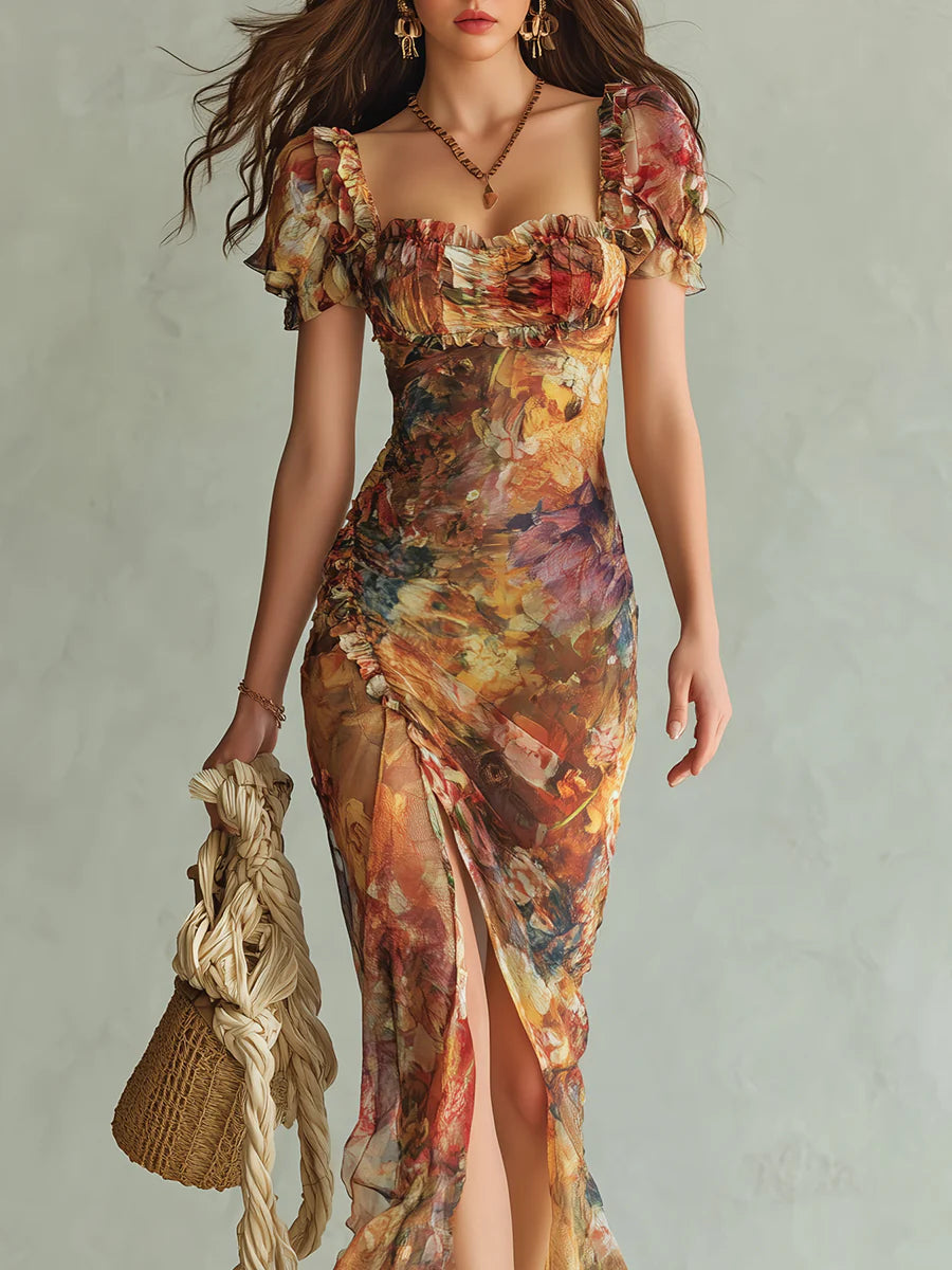 Violetta | Abito Lungo in Chiffon Arancione con Stampa Pittorica Boho