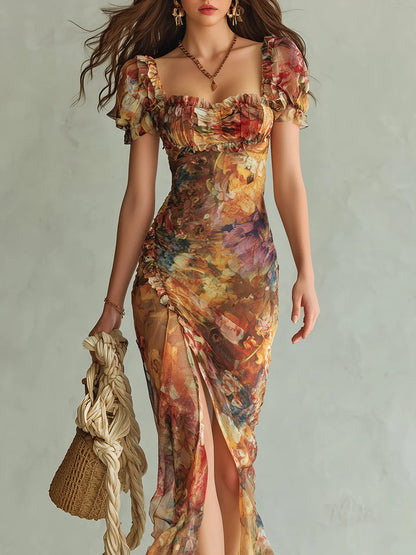 Violetta | Abito Lungo in Chiffon Arancione con Stampa Pittorica Boho