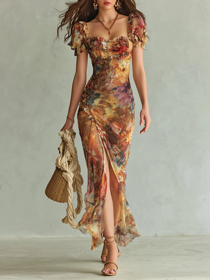 Violetta | Abito Lungo in Chiffon Arancione con Stampa Pittorica Boho