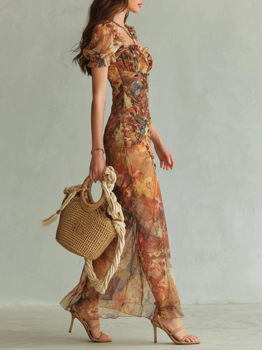 Violetta | Abito Lungo in Chiffon Arancione con Stampa Pittorica Boho