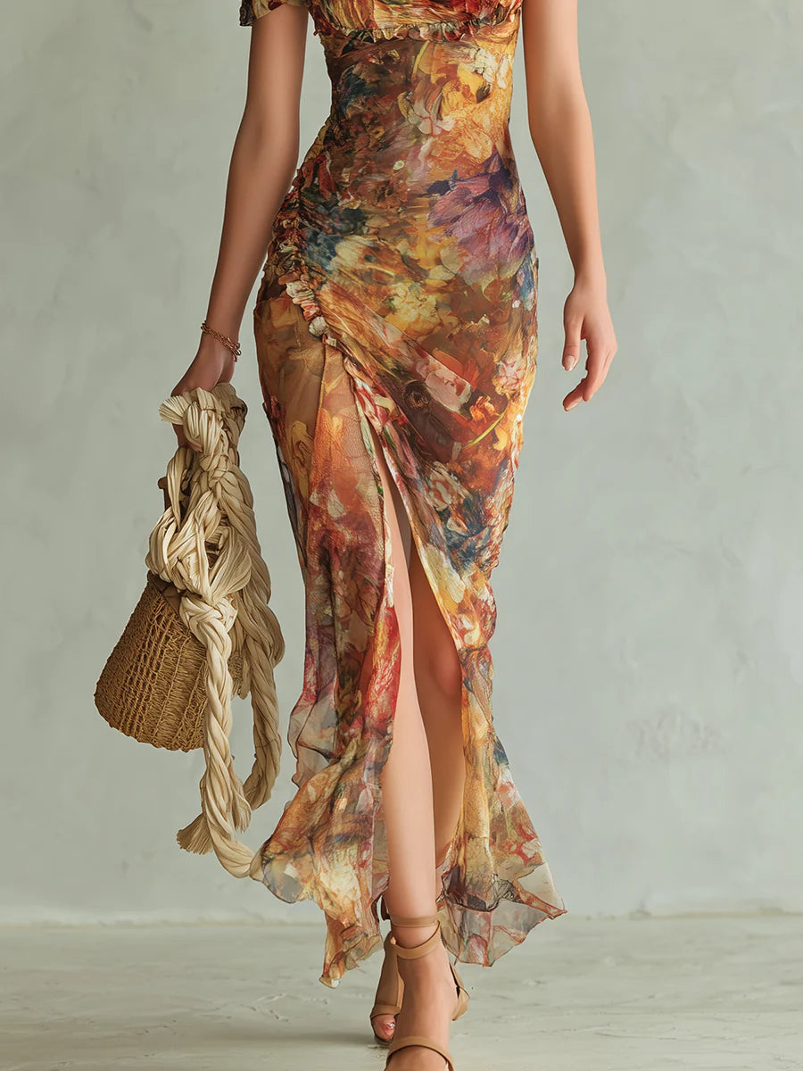 Violetta | Abito Lungo in Chiffon Arancione con Stampa Pittorica Boho