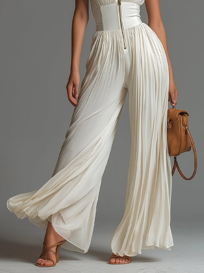 Lea | Tuta in Chiffon Bianco con Scollo a V, Smanicata e Gambe Ampie